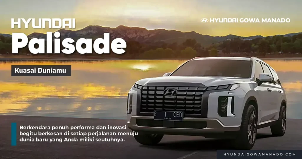SUV premium mewah Hyundai Palisade putih terparkir di area pegunungan, info perbedaan tipe Hyundai Palisade