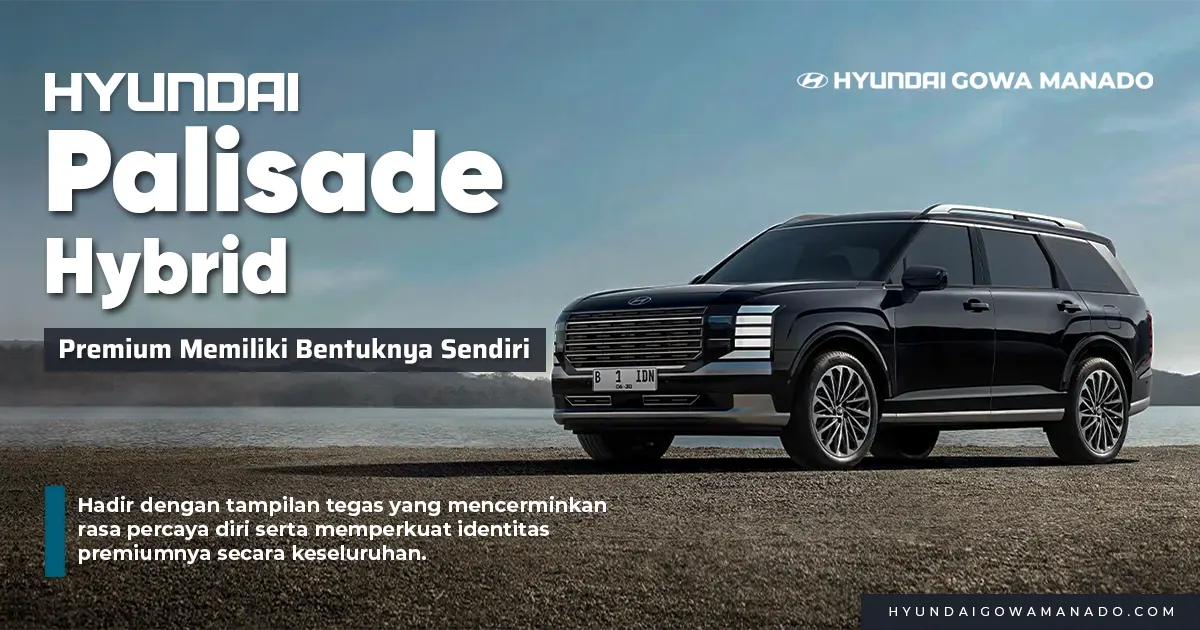 Mobil premium Hyundai Palisade Hybrid hitam di jalanan berlatar bukit batu gersang, persembahan Hyundai Gowa Manado