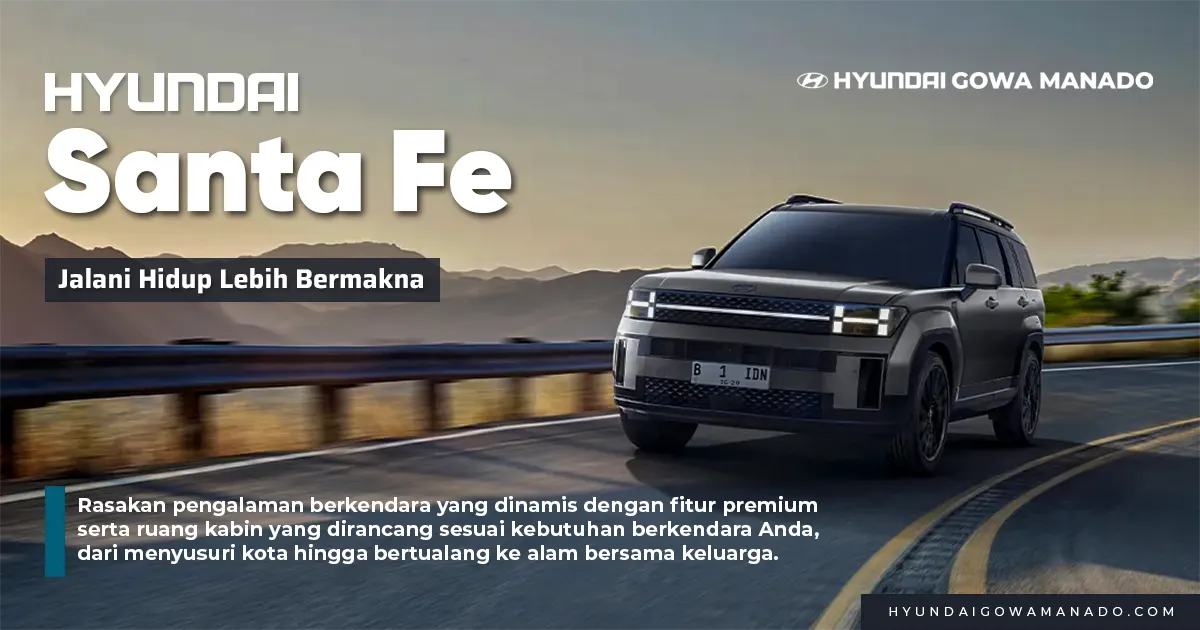 SUV besar Hyundai Santa Fe hitam melintasi jembatan dengan latar gedung perkotaan sore hari, dari Hyundai Manado