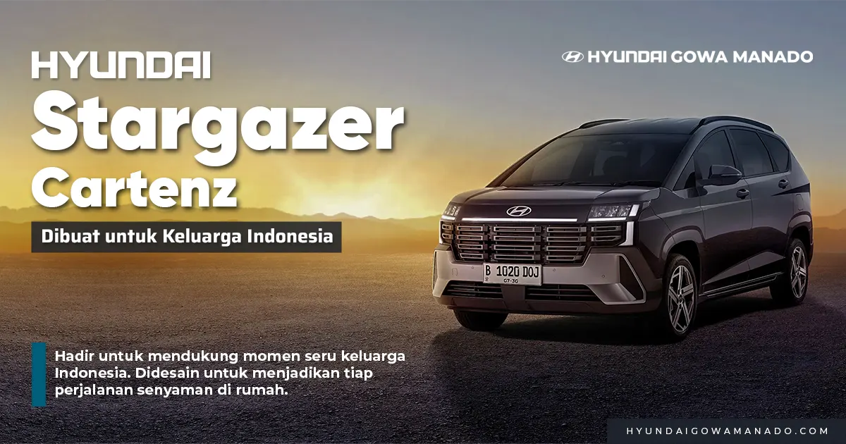 Mobil keluarga Hyundai Stargazer Cartenz cokelat terparkir dengan latar gradasi cahaya studio persembahan Hyundai Gowa