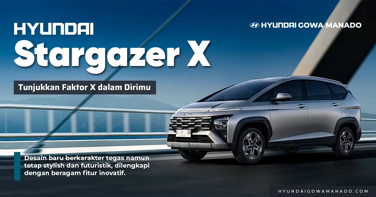 Crossover MPV keluarga Hyundai Stargazer X perak berlatar arsitektur beton modern minimalis dari Hyundai Manado