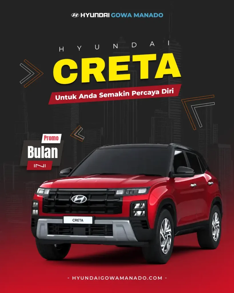 Mobil SUV kompak Hyundai Creta merah dengan latar belakang bernuansa hitam merah gelap, dari Hyundai Gowa Manado