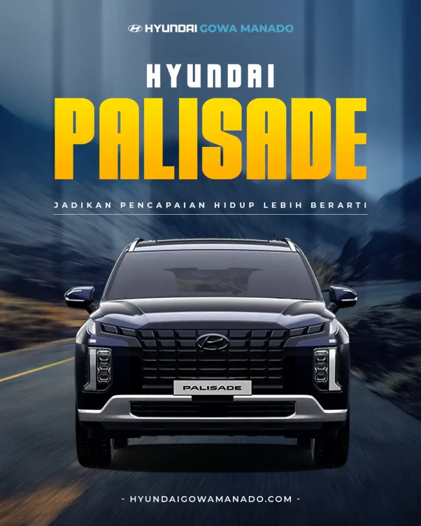 SUV premium mewah Hyundai Palisade hitam tampak depan dengan latar jalanan pegunungan malam, milik Hyundai Gowa