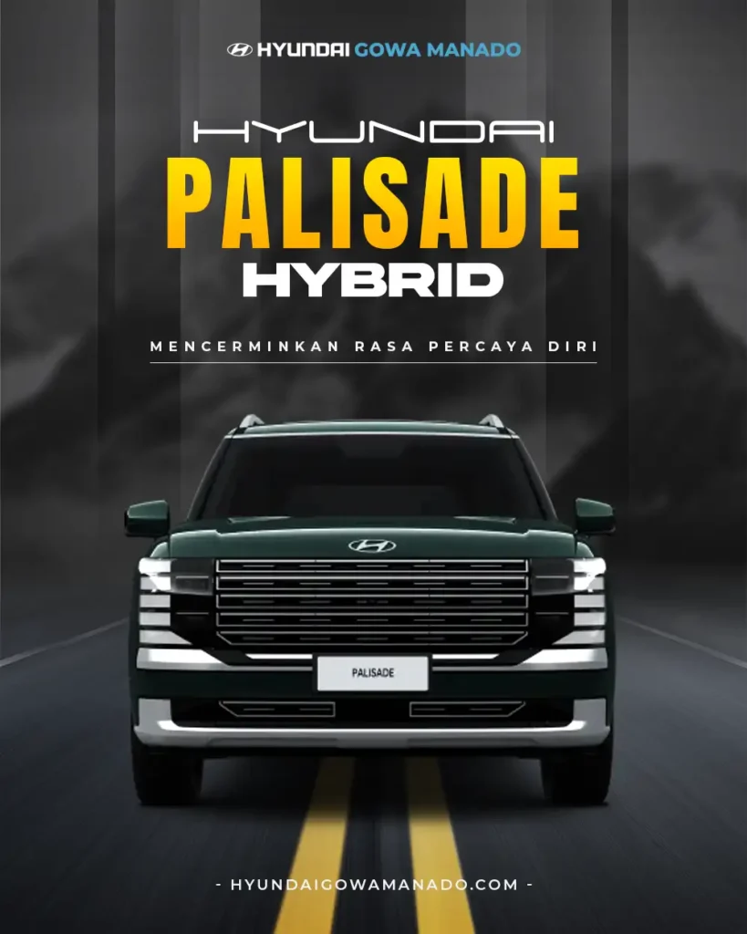 Mobil premium Hyundai Palisade Hybrid hitam menghadap depan di tengah jalanan gelap, persembahan Hyundai Gowa Manado