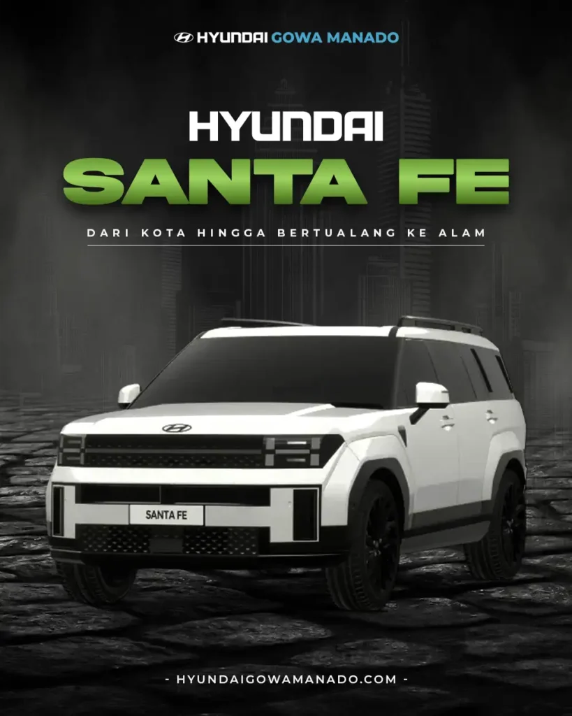 SUV besar Hyundai Santa Fe putih tampak depan dengan latar belakang hitam abu-abu gelap, dari Hyundai Manado