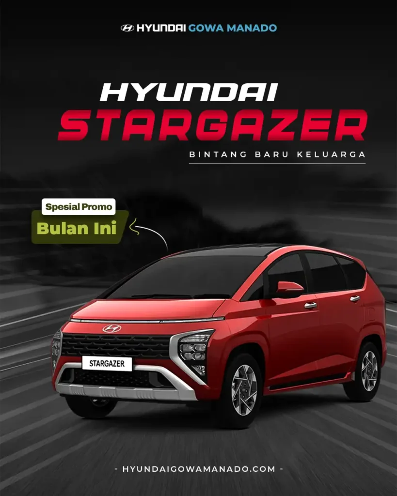 Mobil MPV keluarga Hyundai Stargazer merah dengan latar belakang hitam abu-abu gelap, dari Hyundai Gowa Manado
