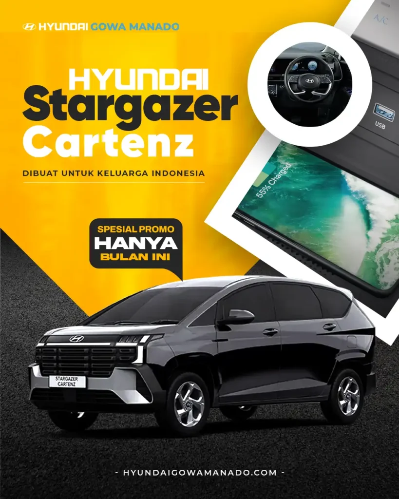Mobil keluarga Hyundai Stargazer Cartenz hitam berlatar belakang warna kuning cerah dan hitam, milik Hyundai Gowa