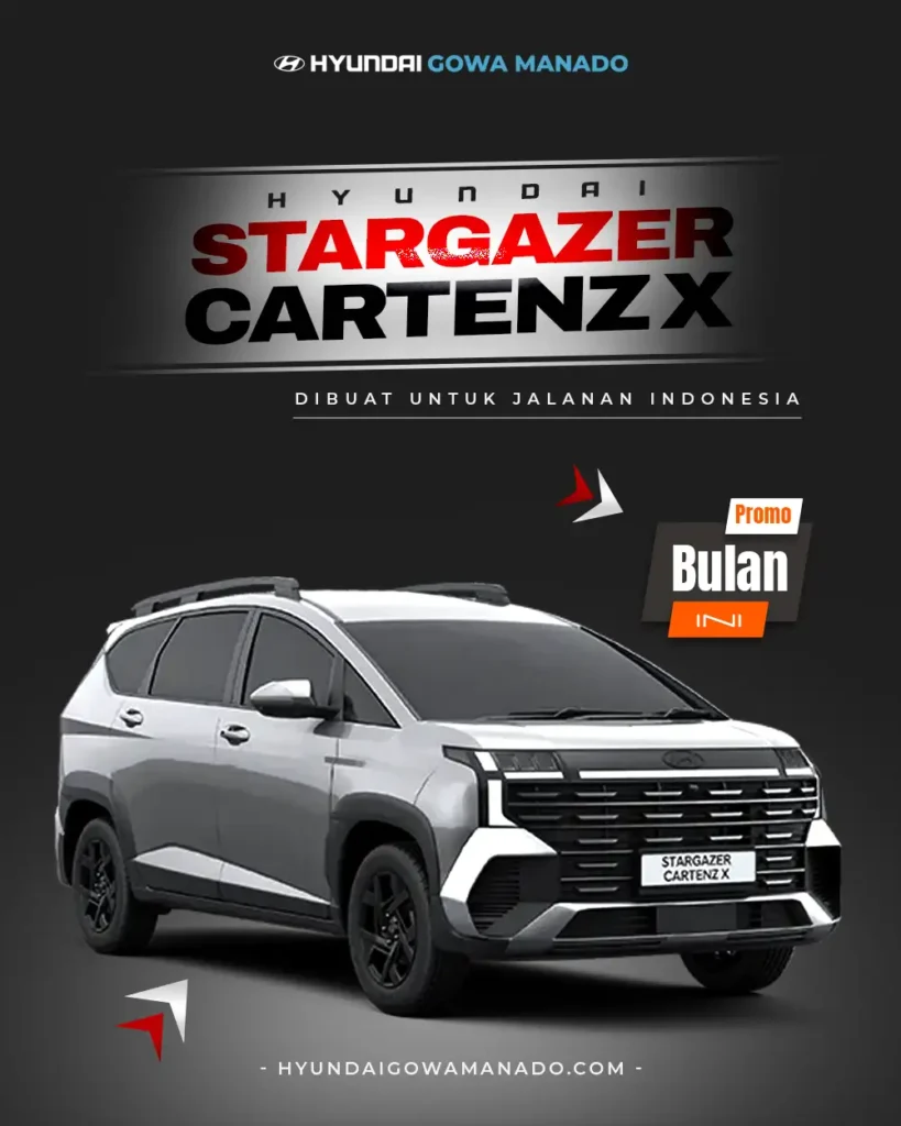 Mobil MPV Hyundai Stargazer Cartenz X abu-abu dengan latar belakang studio abu-abu gelap, persembahan Hyundai Manado