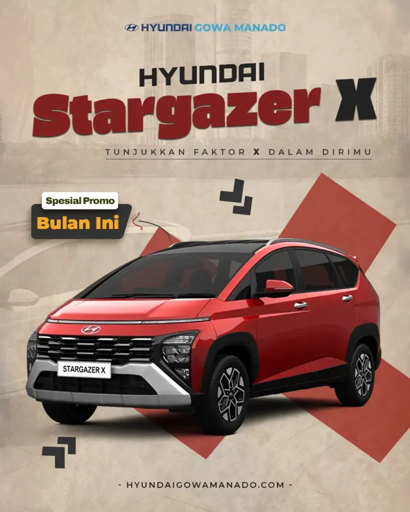 Crossover MPV keluarga Hyundai Stargazer X merah berlatar belakang tekstur kertas krem kecokelatan, dari Hyundai Manado