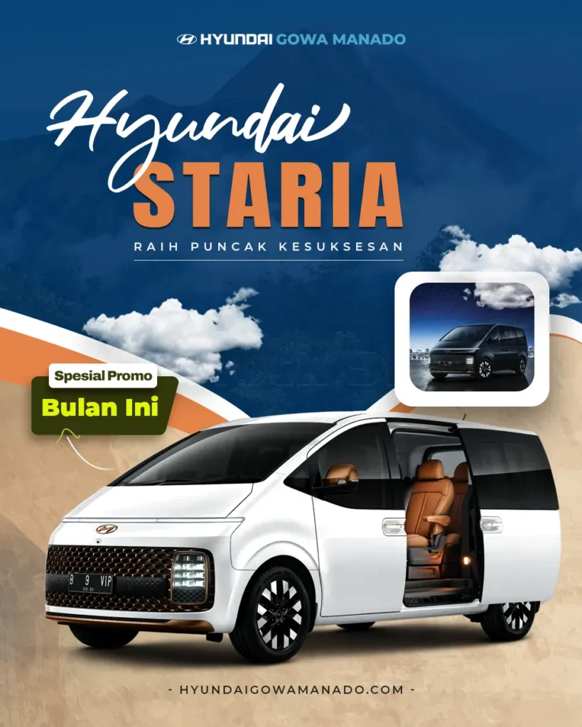 MPV premium Hyundai Staria putih dengan pintu geser terbuka berlatar belakang langit biru cerah, milik Hyundai Gowa