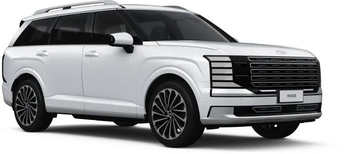 Tampilan bodi warna Creamy White Pearl pada unit flagship Hyundai Palisade Hybrid diler Manado