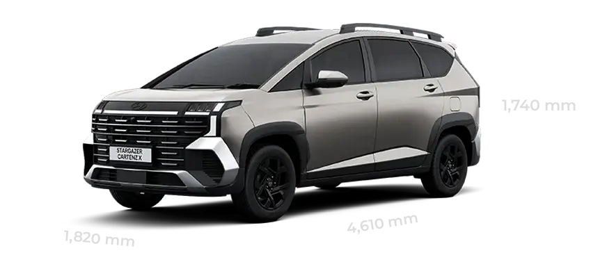 Informasi spesifikasi dimensi panjang dan lebar eksterior Hyundai Stargazer Cartenz X di Dealer Hyundai Gowa Manado