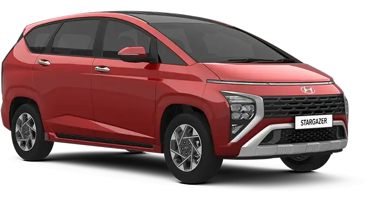 Kombinasi warna berani Dragon Red Pearl dengan atap hitam modern Hyundai Stargazer Sulawesi Utara